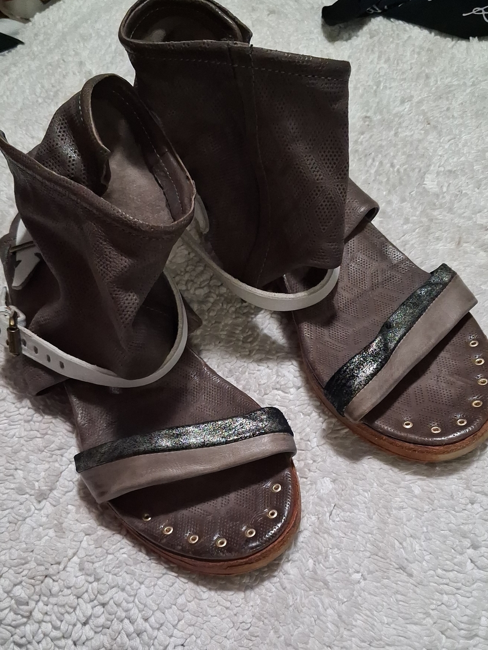 A.S.98 Taupe Brown Leather Open-Toe Ankle Wrap Sandals with Metallic Accent